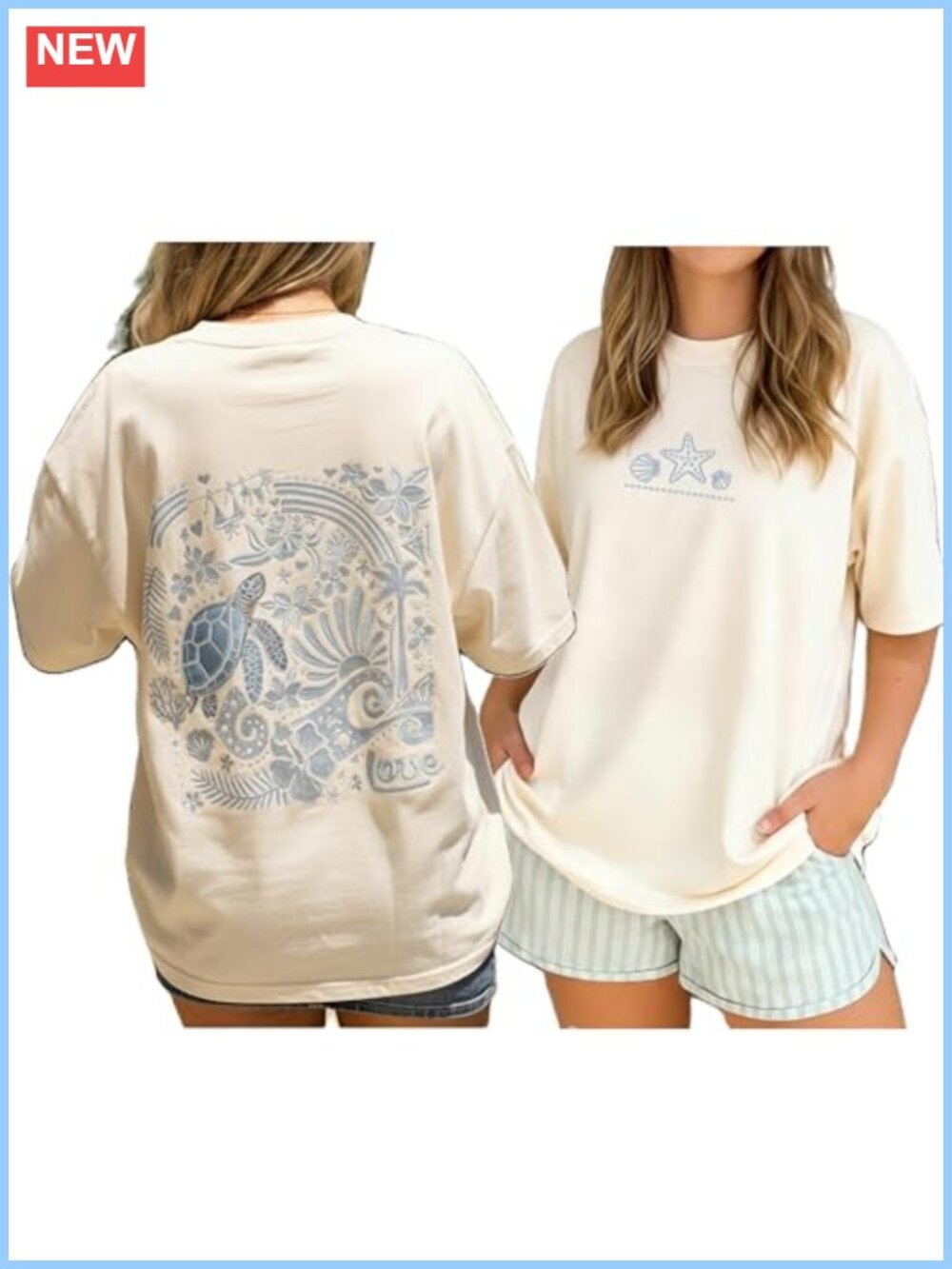 Oversized Graphic Tee Short Sleeve Crew Neck Baggy Seashell Ocean Print